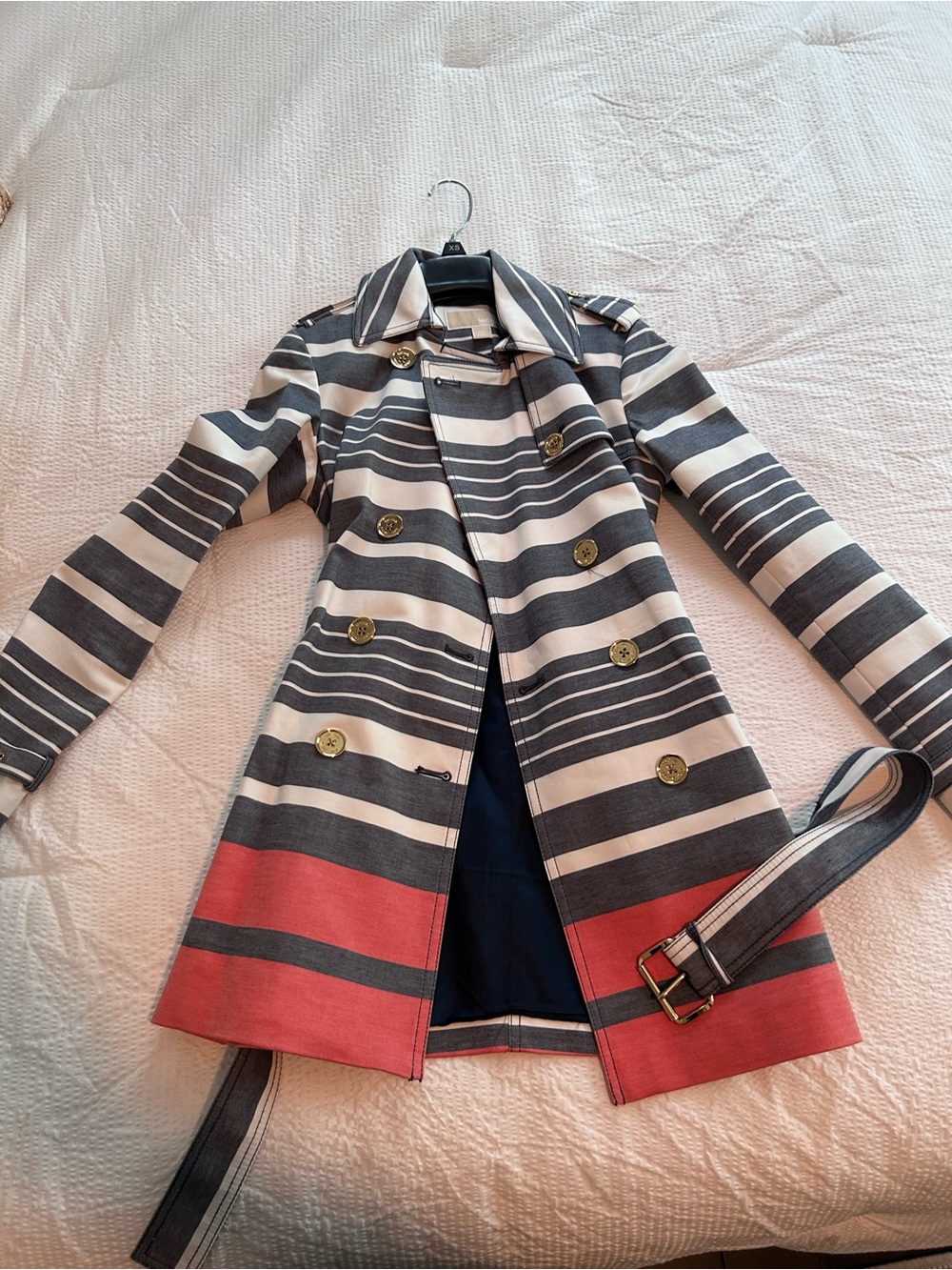 Striped Double-Breasted Trench Coat with Coral Hem